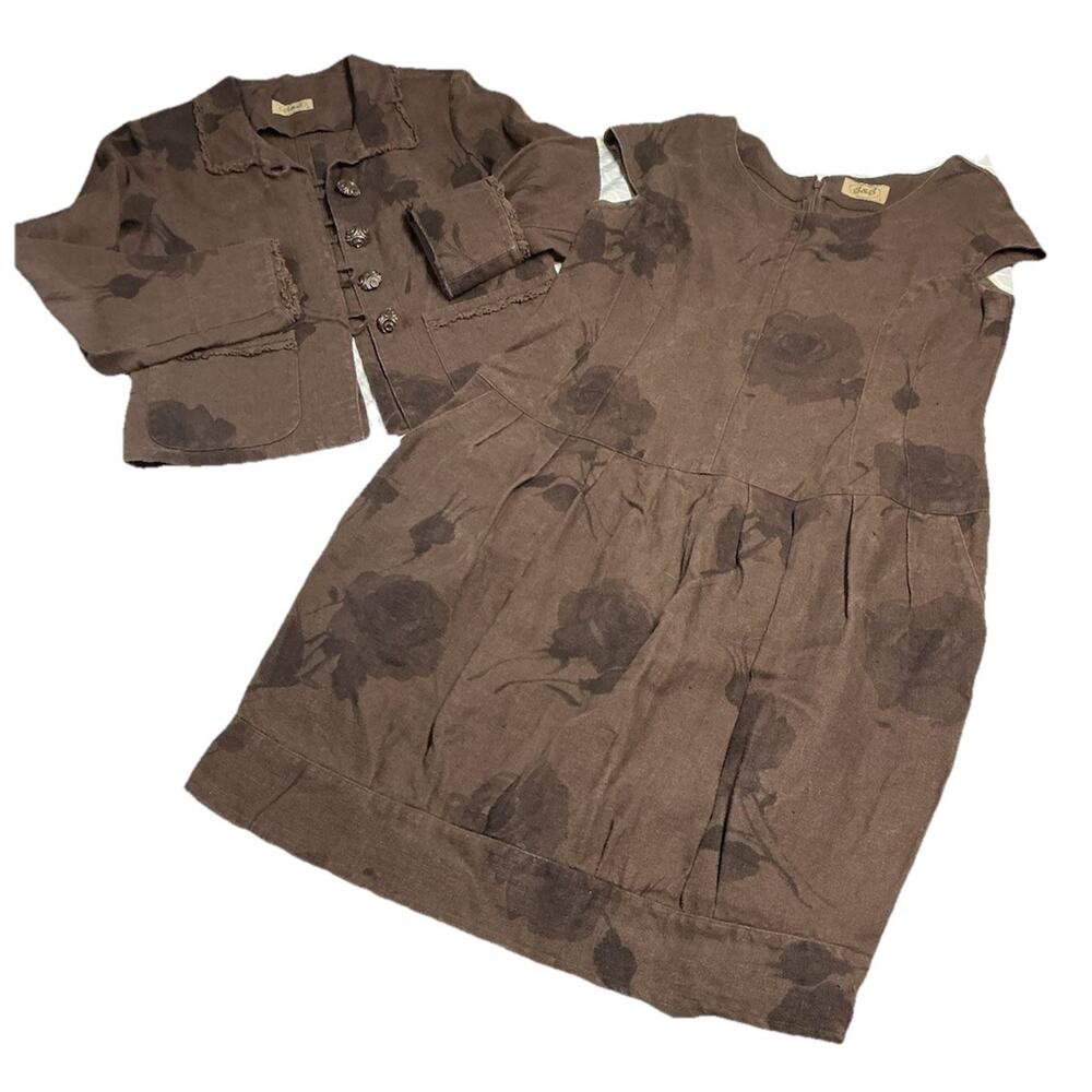 B&B VTG Women’s 2 Pc Sz L Dress M Coat Brown 100% Linen Floral Crochet Taper Hem